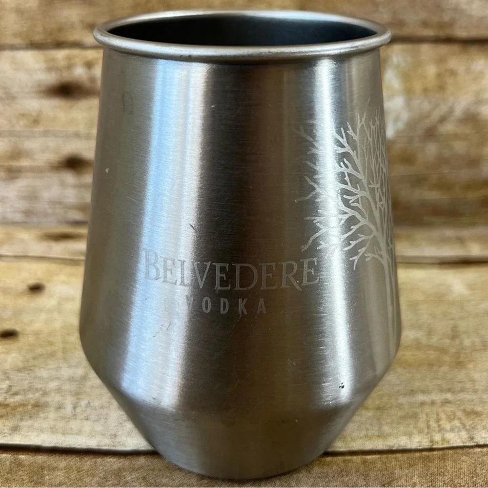 Belvedere Vodka Stainless Steel Stemless Tumbler Cup Silver Tree Logo Etched Bar